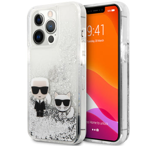 Karl Lagerfeld iPhone 13 Pro Hard Case Silver Liquid Glitter Karl and Choupette