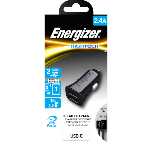 Energizer Car Charger 2.4A 2 USB With USB-C Cable